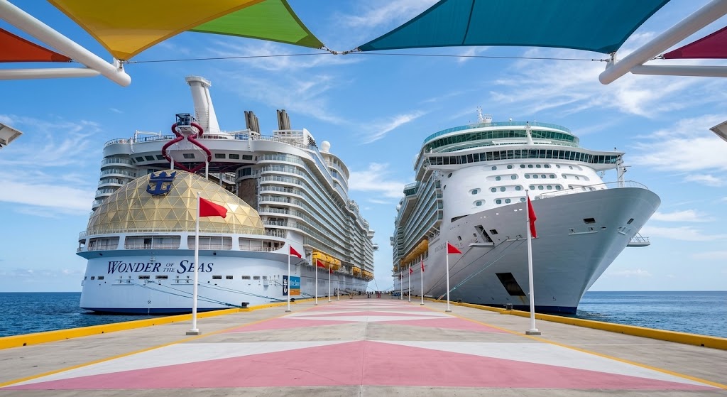 Wonder of the Seas docked at Perfect Day at CocoCay under clear skies