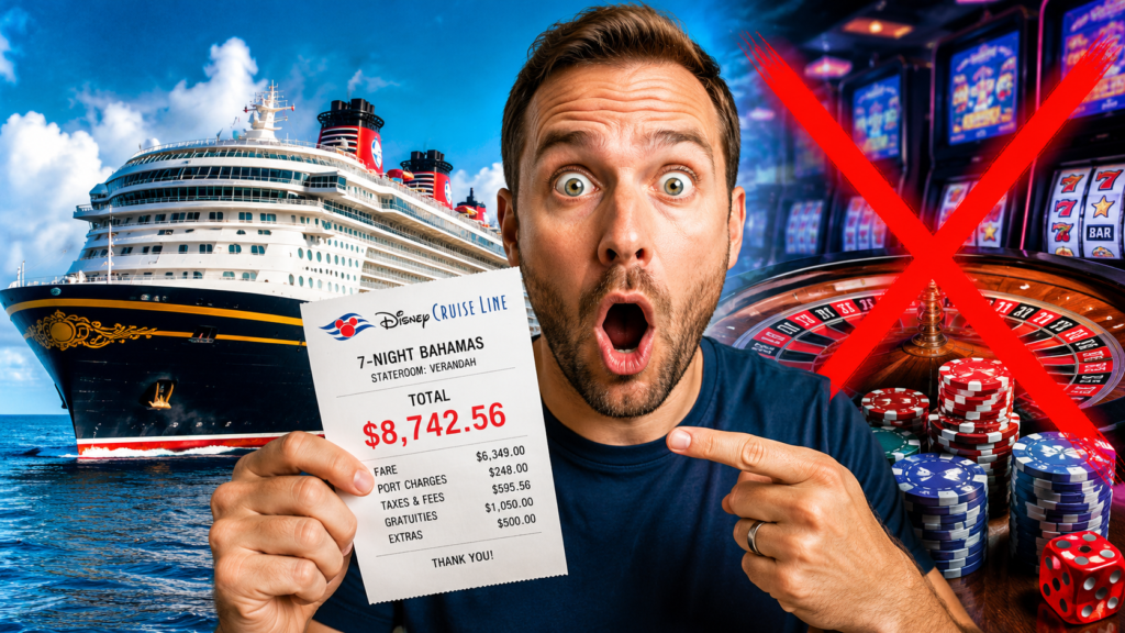 Shocked traveler holding an expensive Disney Cruise Line booking receipt beside a large cruise ship, with casino slot machines and a roulette wheel crossed out by a red prohibition symbol