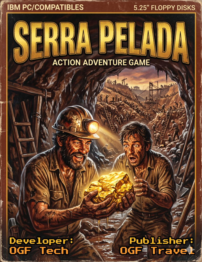 Retro 1980s PC game box art for Serra Pelada showing two dirt-covered miners in a dark cave looking in awe at a glowing gold brick, with developer OGF Tech and publisher OGF Travel text.