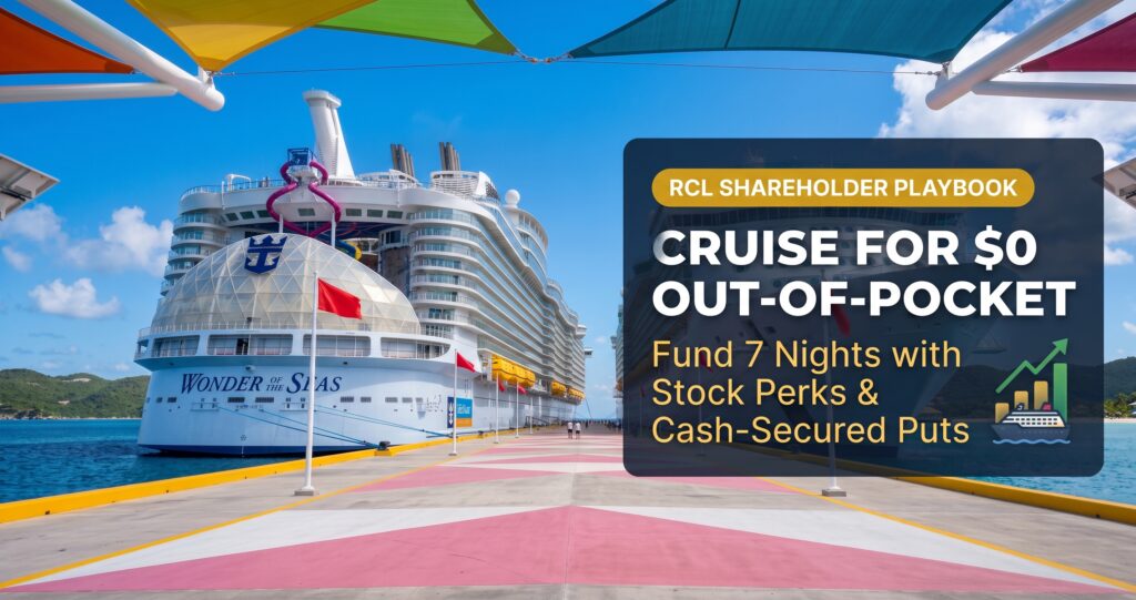Wonder of the Seas docked at a pier under clear skies, illustrating the Royal Caribbean shareholder free cruise strategy.